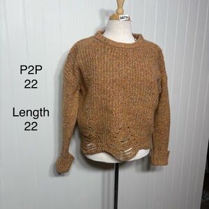 Tan Marled Distressed Cropped Knit Sweater Scalloped Hem Long Sleeve M/L